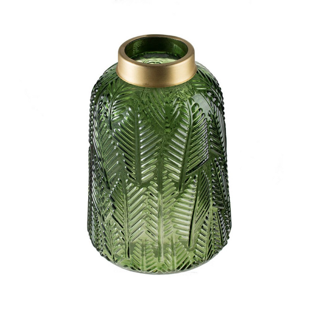 Dsy Floral Vase with Gold Rim | Embossed Fern Leaf | Green Glass 10"
