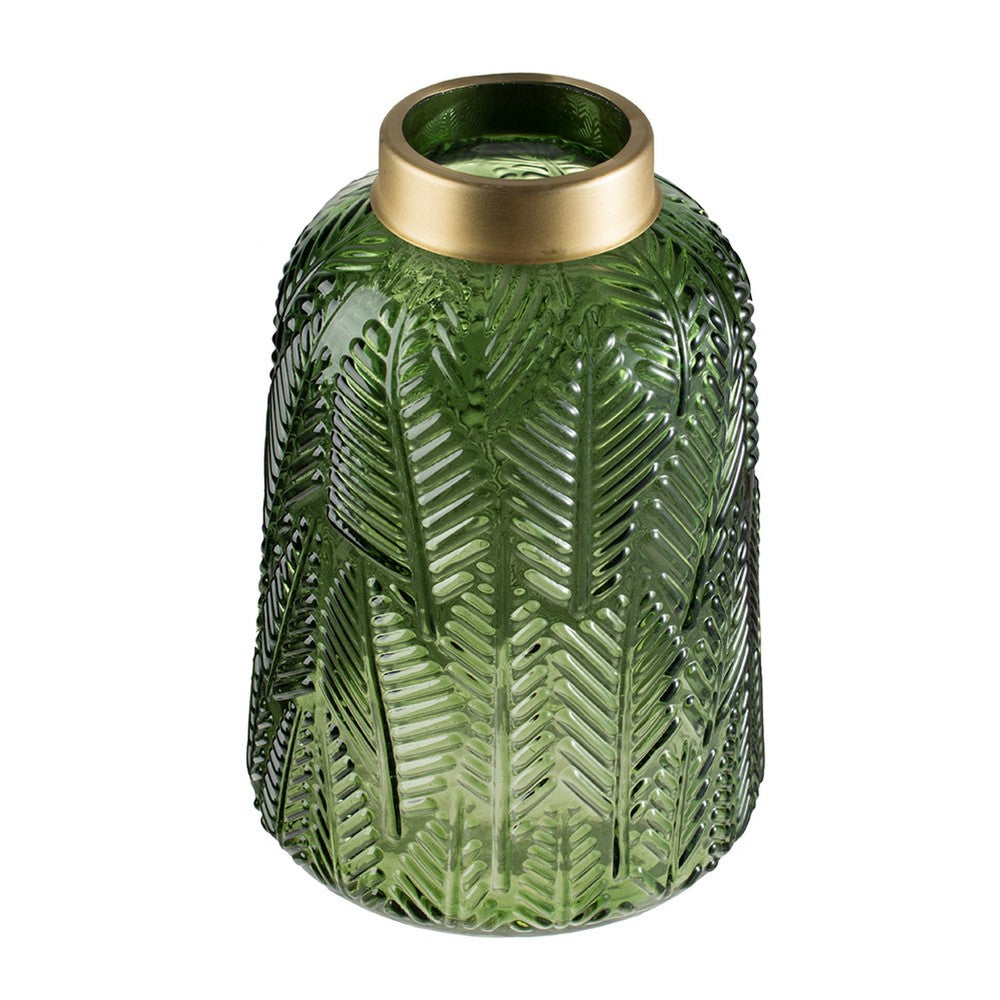 Dsy Floral Vase with Gold Rim | Embossed Fern Leaf | Green Glass 10"