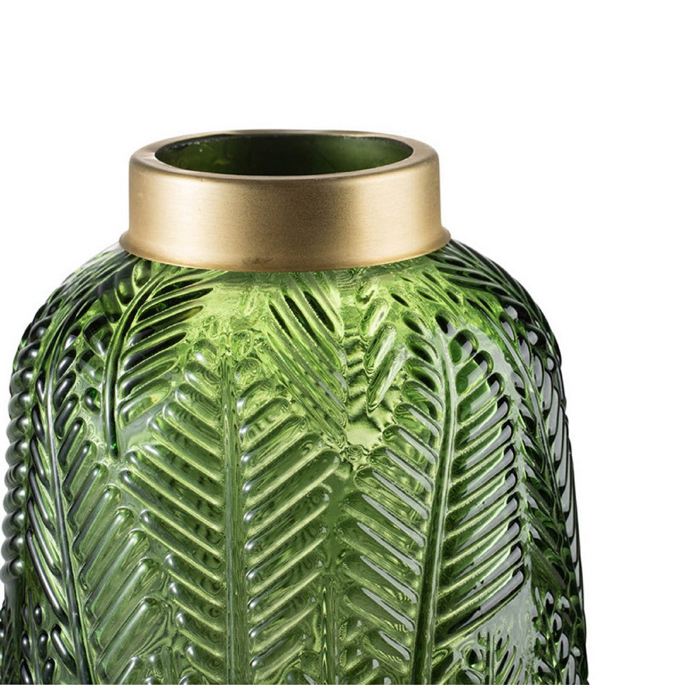 Dsy Floral Vase with Gold Rim | Embossed Fern Leaf | Green Glass 10"