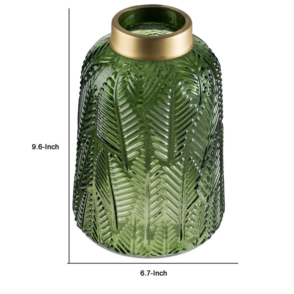 Dsy Floral Vase with Gold Rim | Embossed Fern Leaf | Green Glass 10"