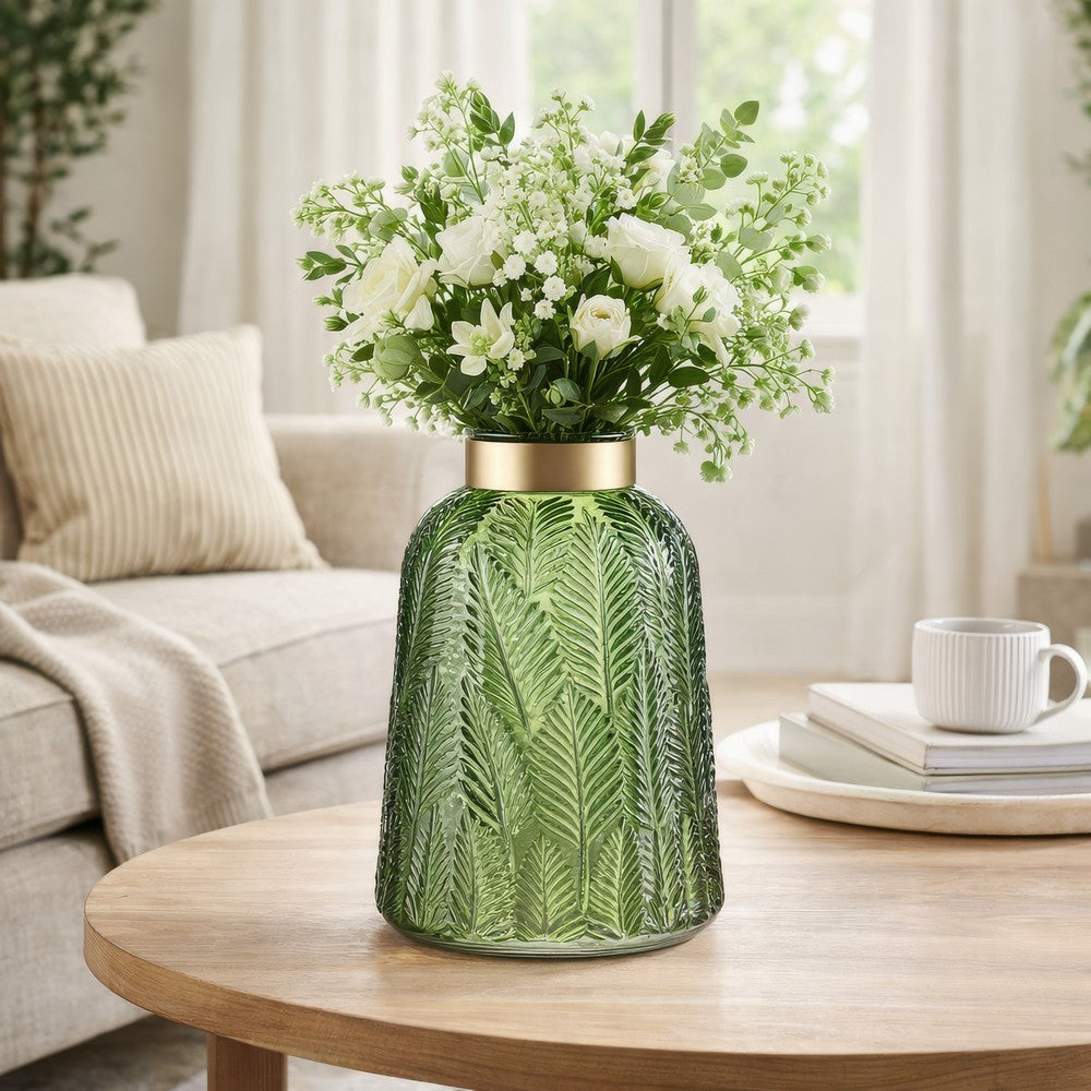 Dsy Floral Vase with Gold Rim | Embossed Fern Leaf | Green Glass 10"
