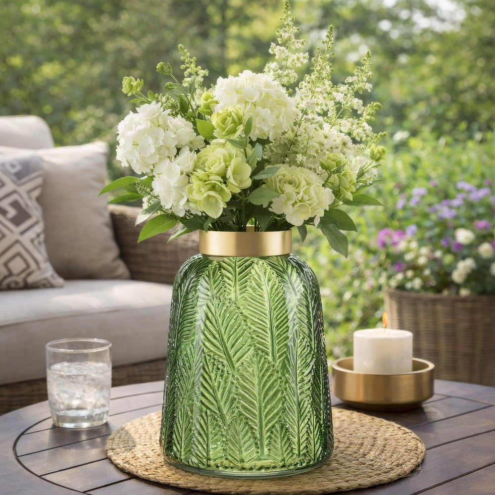 Dsy Floral Vase with Gold Rim | Embossed Fern Leaf | Green Glass 10"