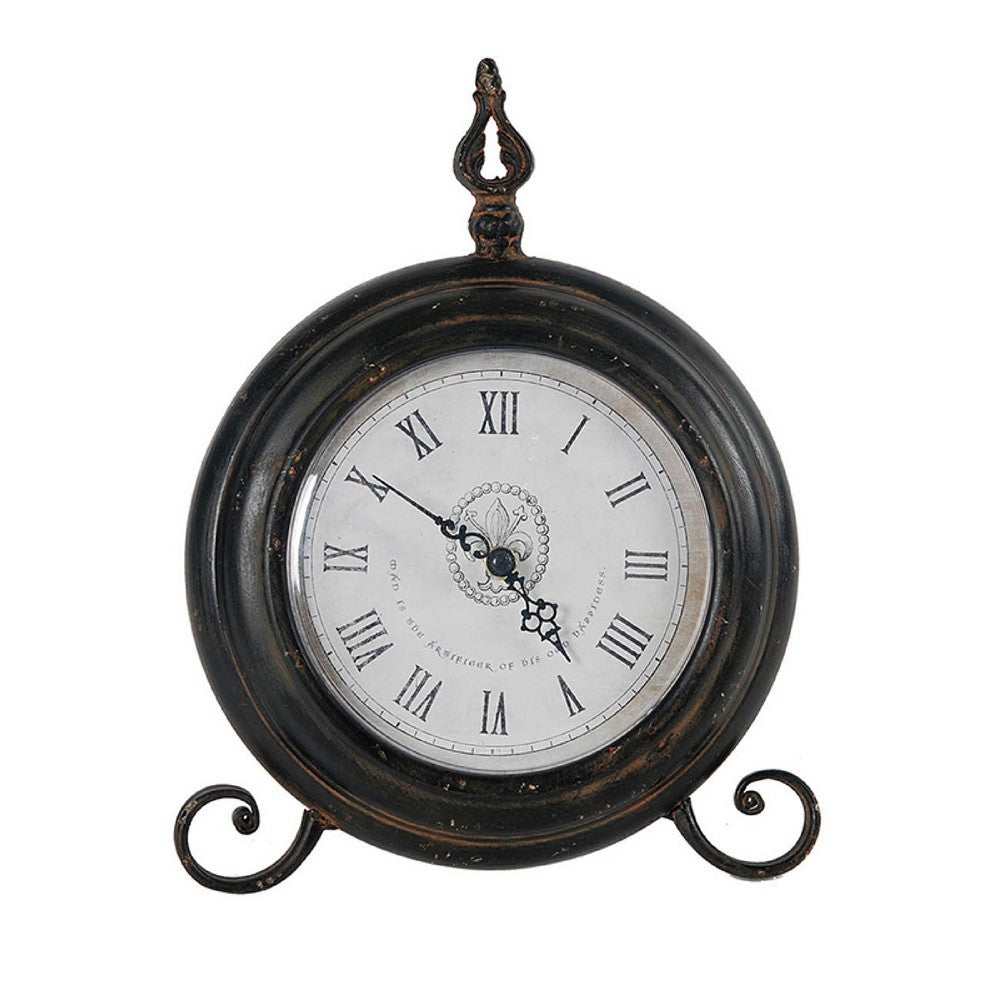 Table Clock | Roman Numerals | Glass Face | Aged Brown Metal | 12" Round