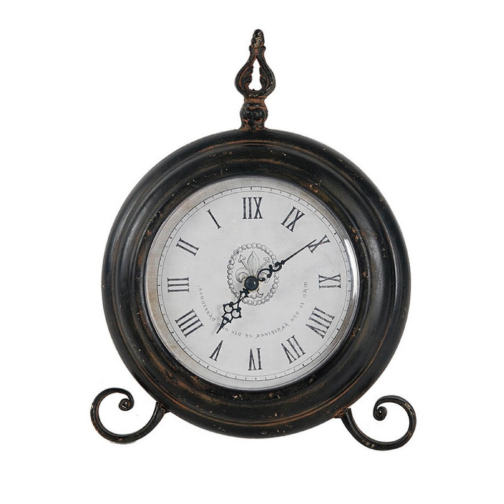 Table Clock | Roman Numerals | Glass Face | Aged Brown Metal | 12" Round