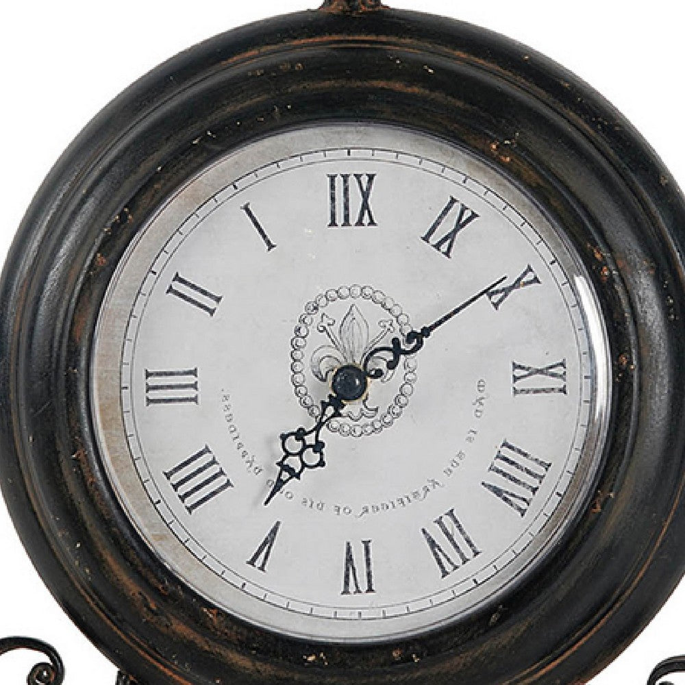Table Clock | Roman Numerals | Glass Face | Aged Brown Metal | 12" Round