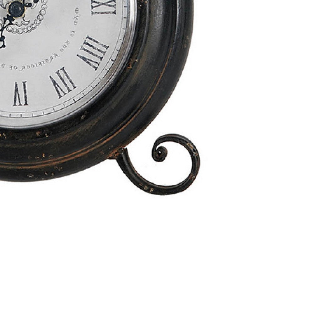 Table Clock | Roman Numerals | Glass Face | Aged Brown Metal | 12" Round