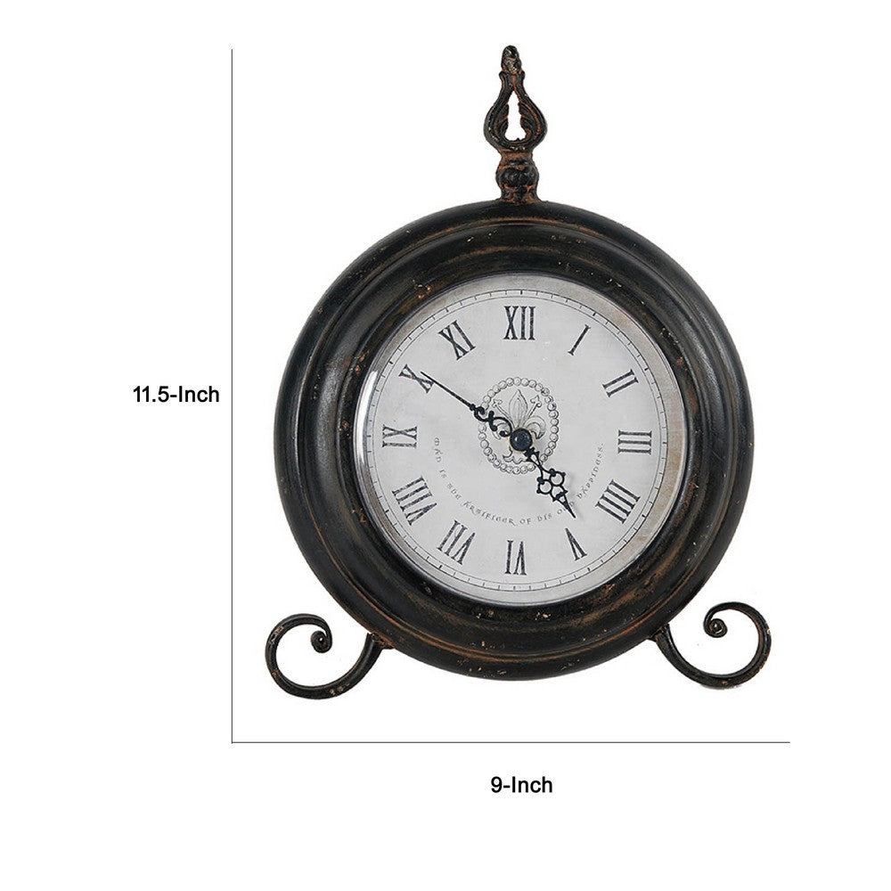 Table Clock | Roman Numerals | Glass Face | Aged Brown Metal | 12" Round