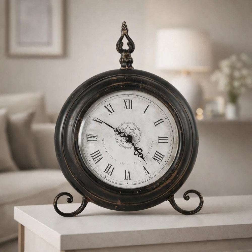 Table Clock | Roman Numerals | Glass Face | Aged Brown Metal | 12" Round