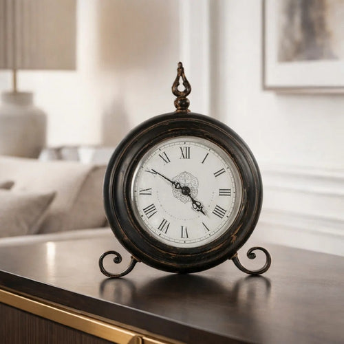 Table Clock | Roman Numerals | Glass Face | Aged Brown Metal | 12" Round