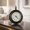 Table Clock | Roman Numerals | Glass Face | Aged Brown Metal | 12" Round