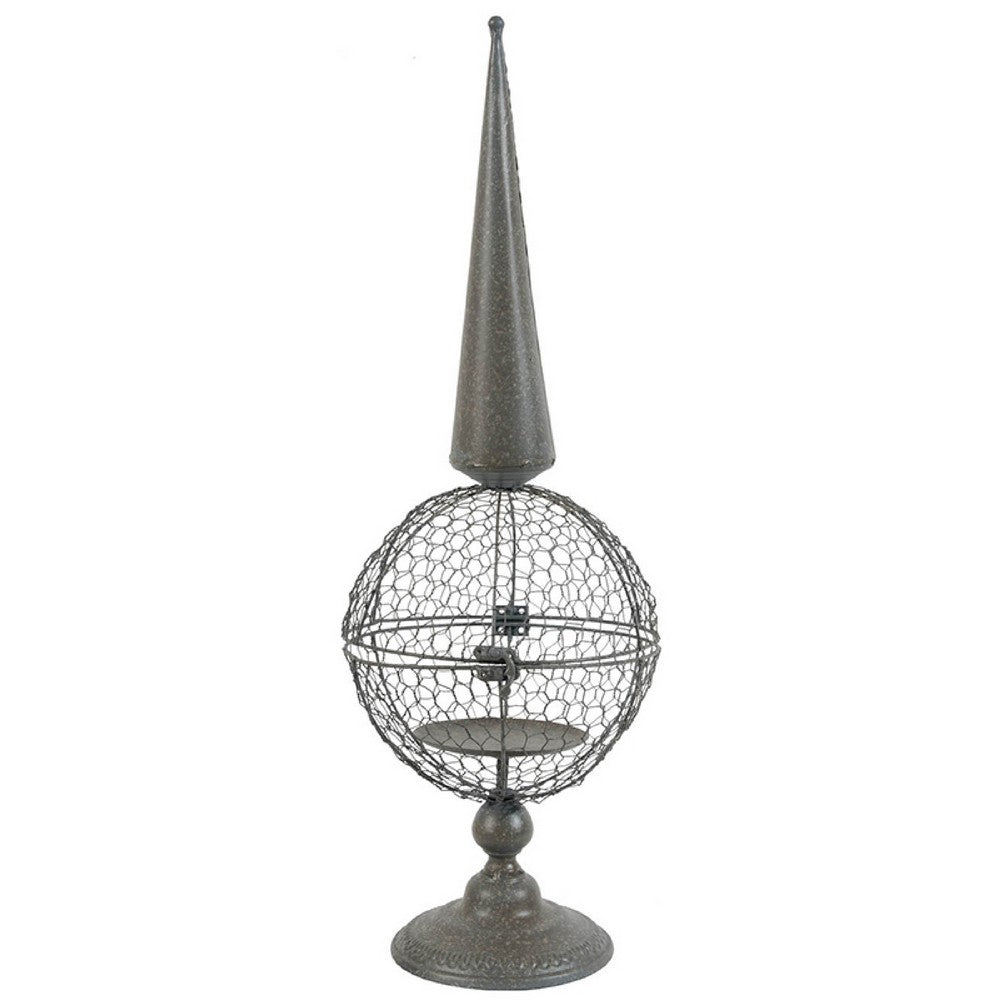 Candle Holder | Pointed Cone Finial on Wired Orb | Gray Metal 26"
