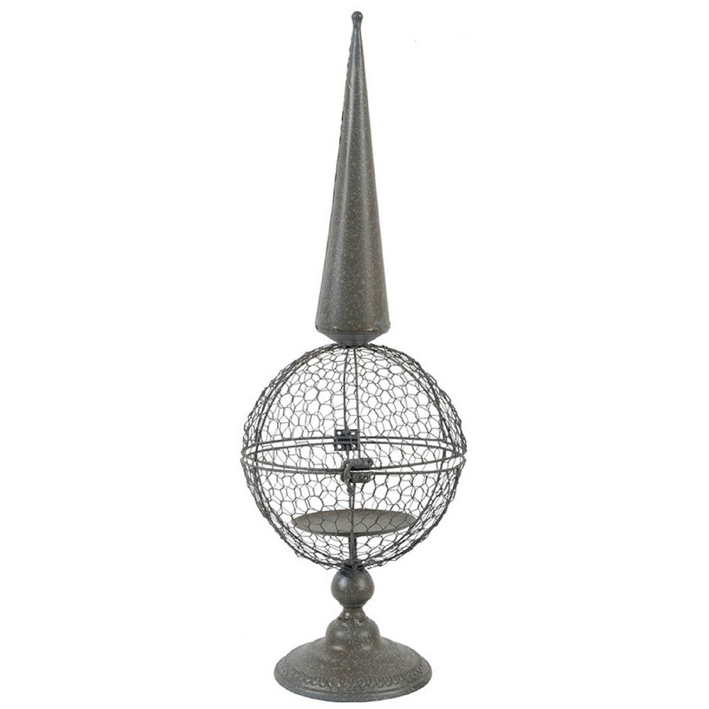Candle Holder | Pointed Cone Finial on Wired Orb | Gray Metal 26"