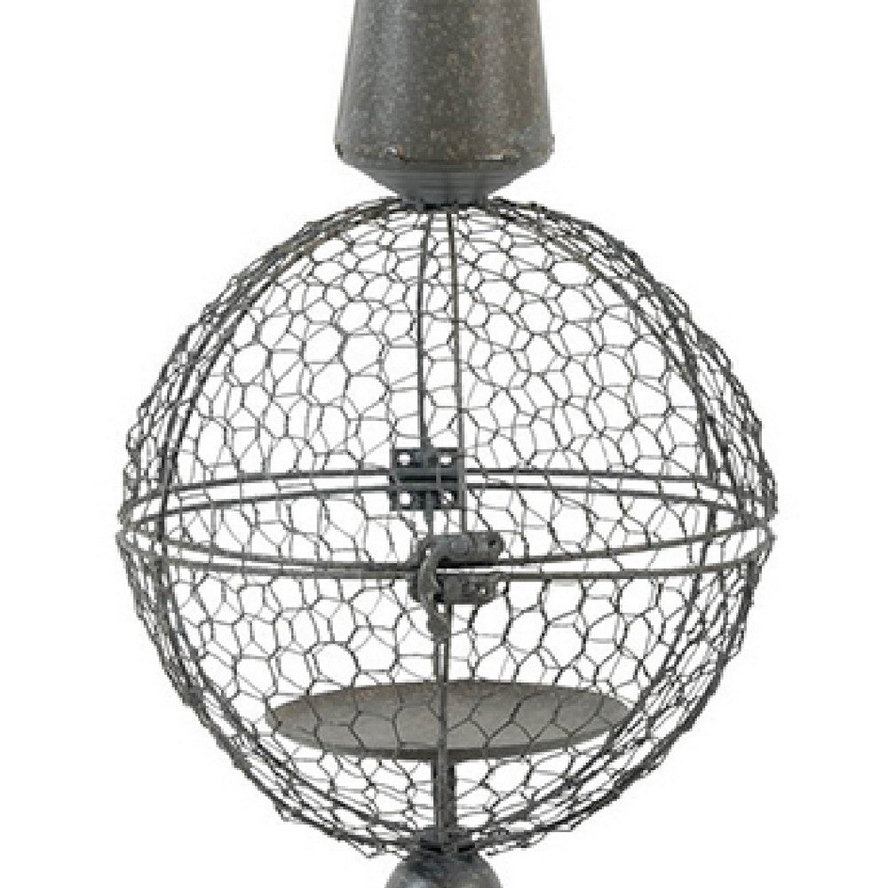 Candle Holder | Pointed Cone Finial on Wired Orb | Gray Metal 26"