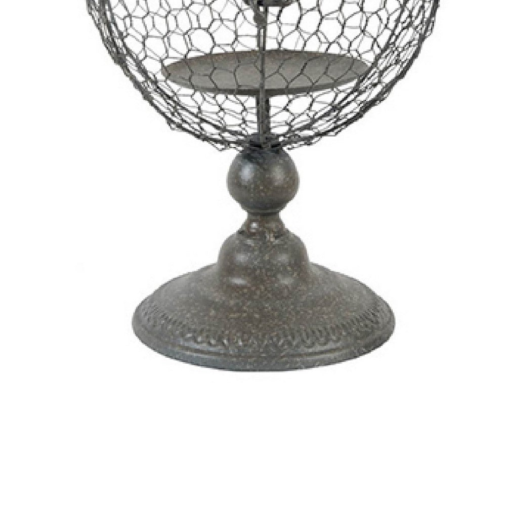 Candle Holder | Pointed Cone Finial on Wired Orb | Gray Metal 26"