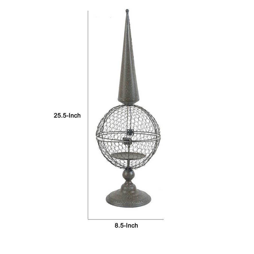 Candle Holder | Pointed Cone Finial on Wired Orb | Gray Metal 26"