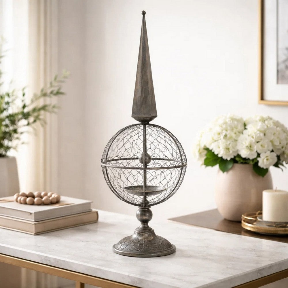 Candle Holder | Pointed Cone Finial on Wired Orb | Gray Metal 26"