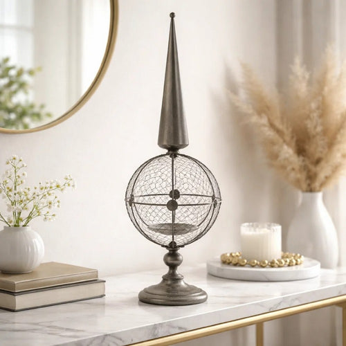 Candle Holder | Pointed Cone Finial on Wired Orb | Gray Metal 26"