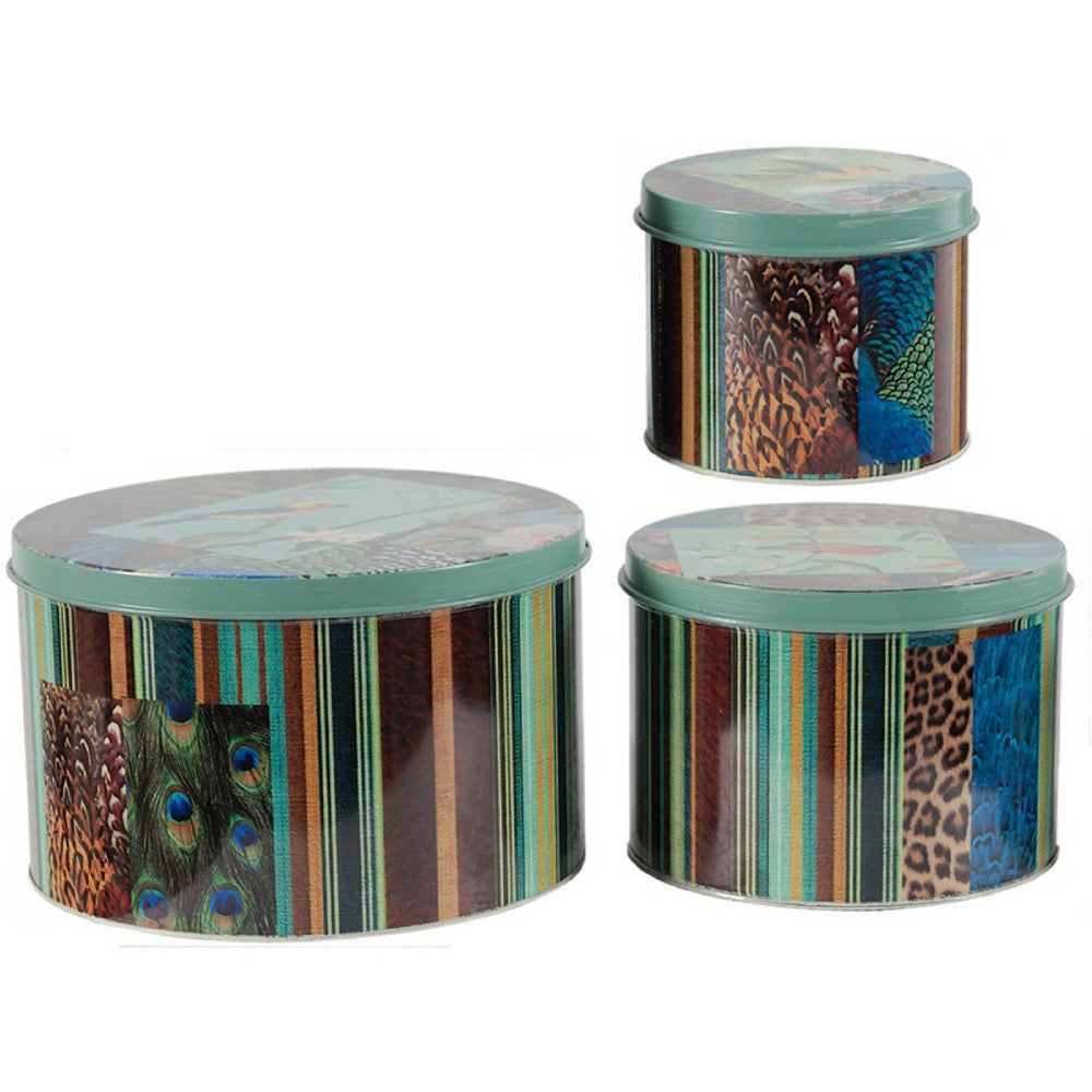 Yuva Decorative Box Set of 3 | Animal Motifs & Stripes | Green Metal Tin