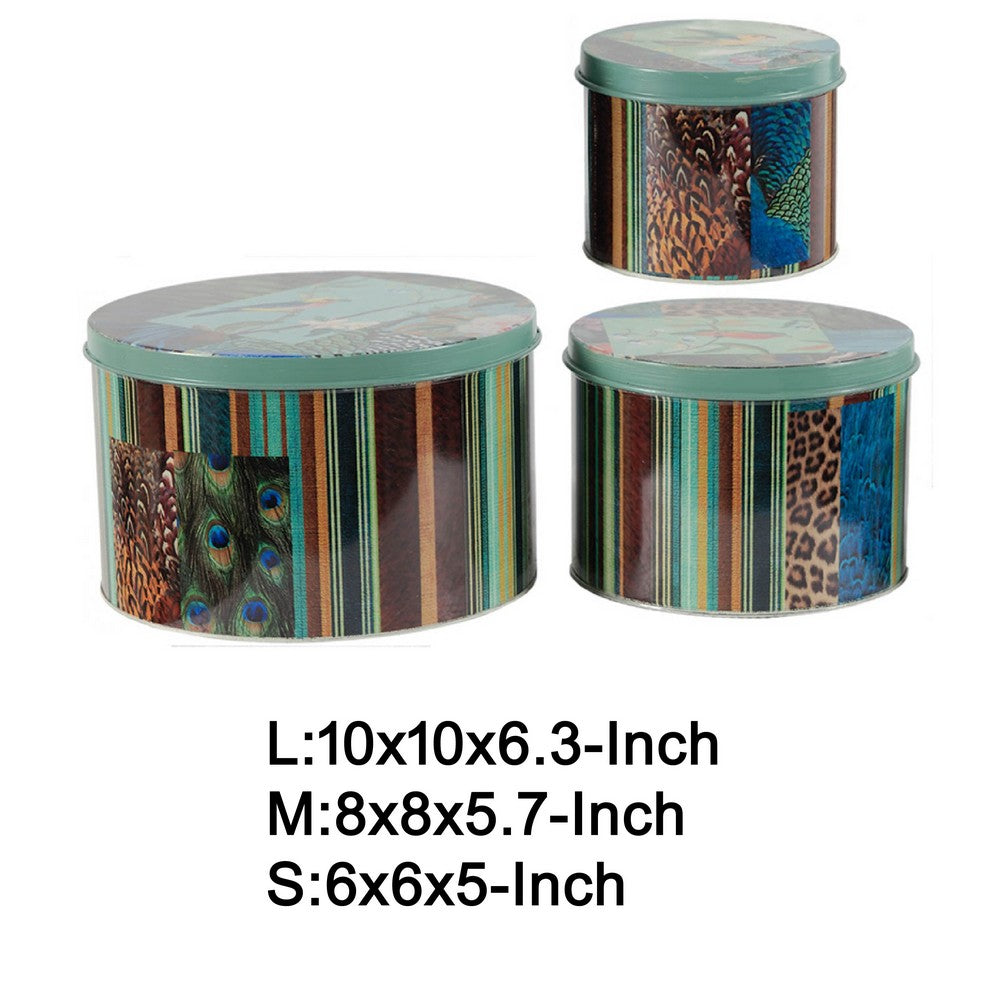 Yuva Decorative Box Set of 3 | Animal Motifs & Stripes | Green Metal Tin