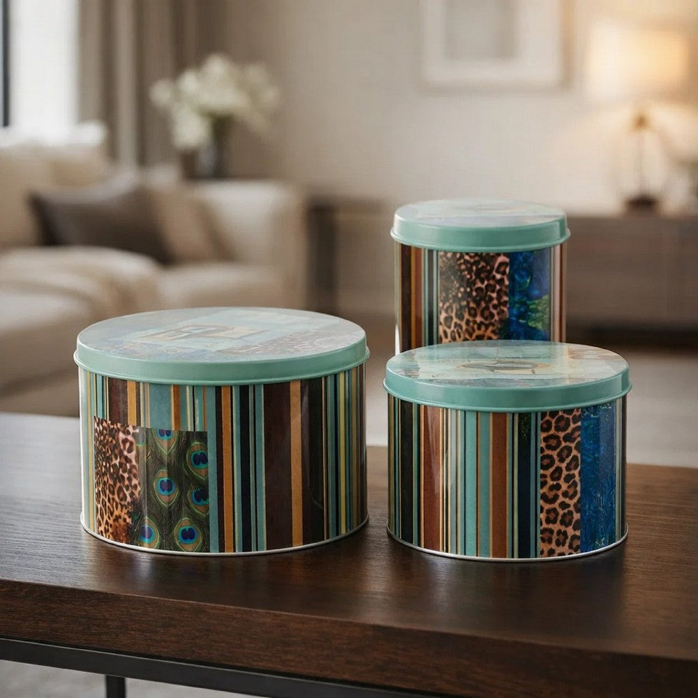 Yuva Decorative Box Set of 3 | Animal Motifs & Stripes | Green Metal Tin