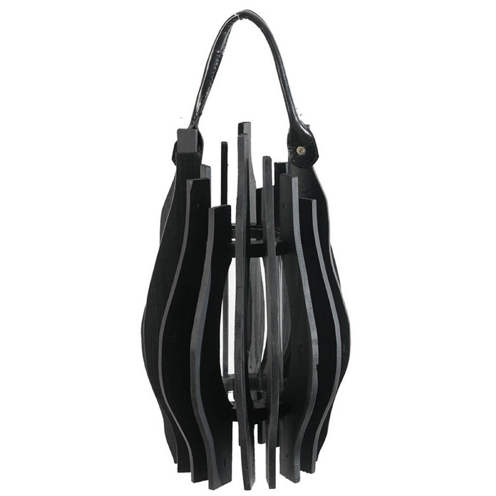 Decorative Lantern | Sculptural Shape & Leather Handle | Black Wood 16"