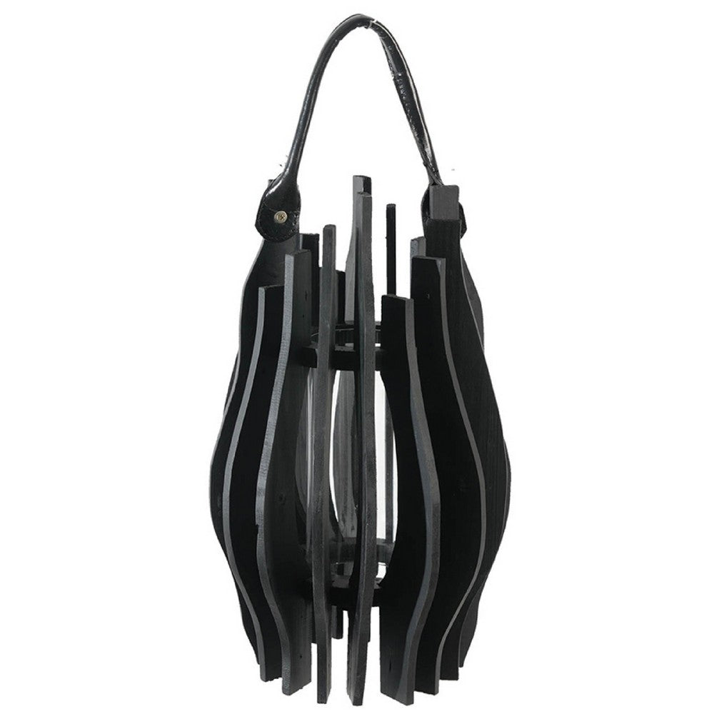 Decorative Lantern | Sculptural Shape & Leather Handle | Black Wood 16"
