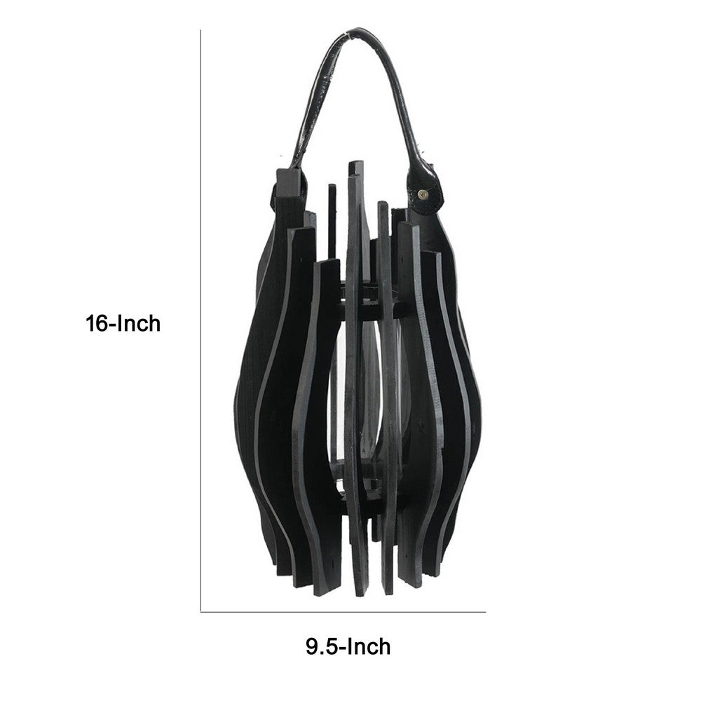 Decorative Lantern | Sculptural Shape & Leather Handle | Black Wood 16"
