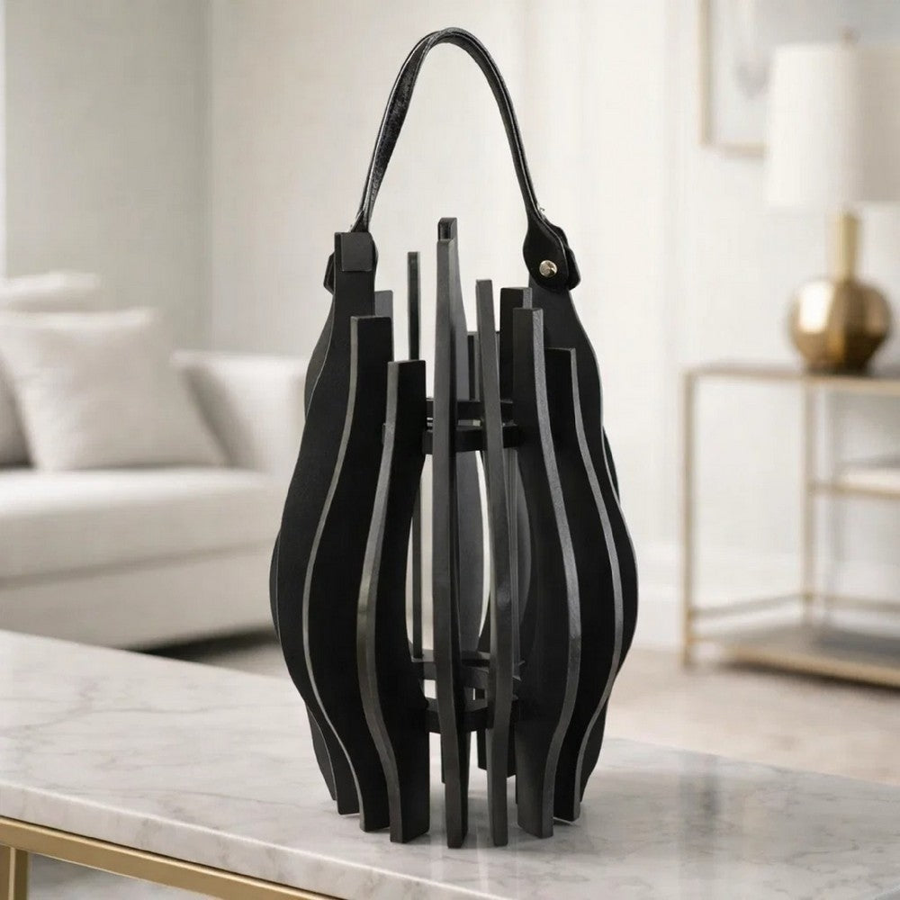 Decorative Lantern | Sculptural Shape & Leather Handle | Black Wood 16"