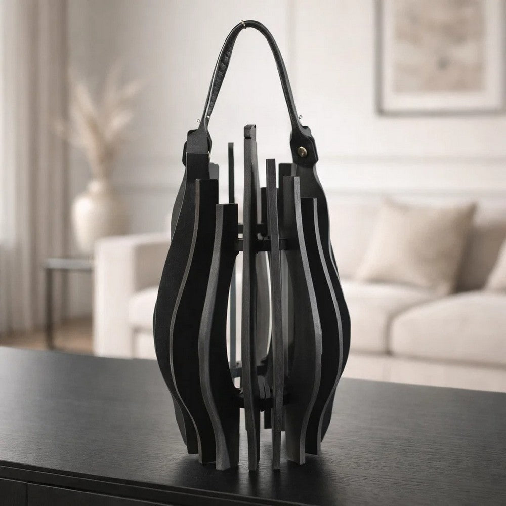Decorative Lantern | Sculptural Shape & Leather Handle | Black Wood 16"