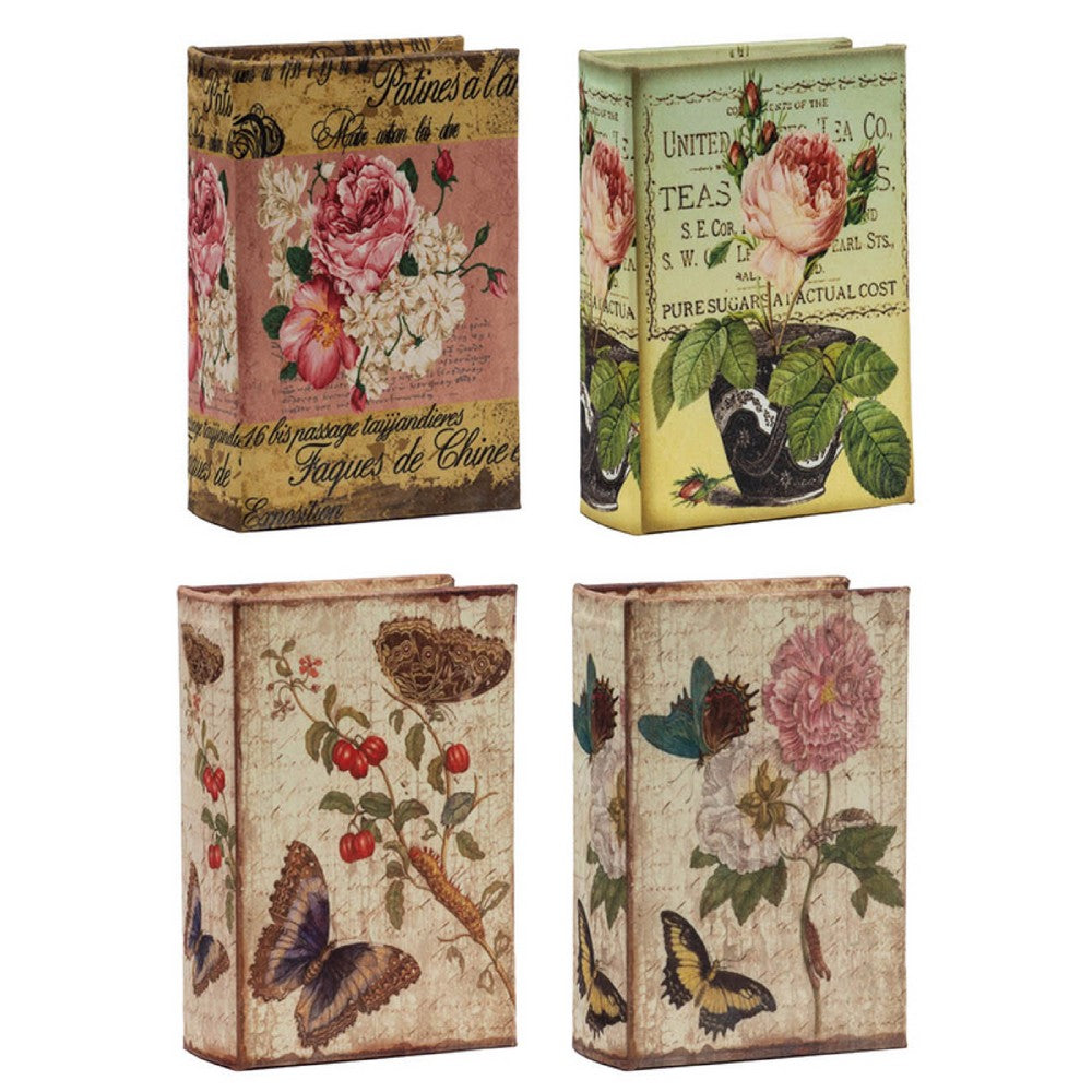 Meer Faux Book Storage Box Set of 4 | Vintage Flowers Butterflies Pink Silk