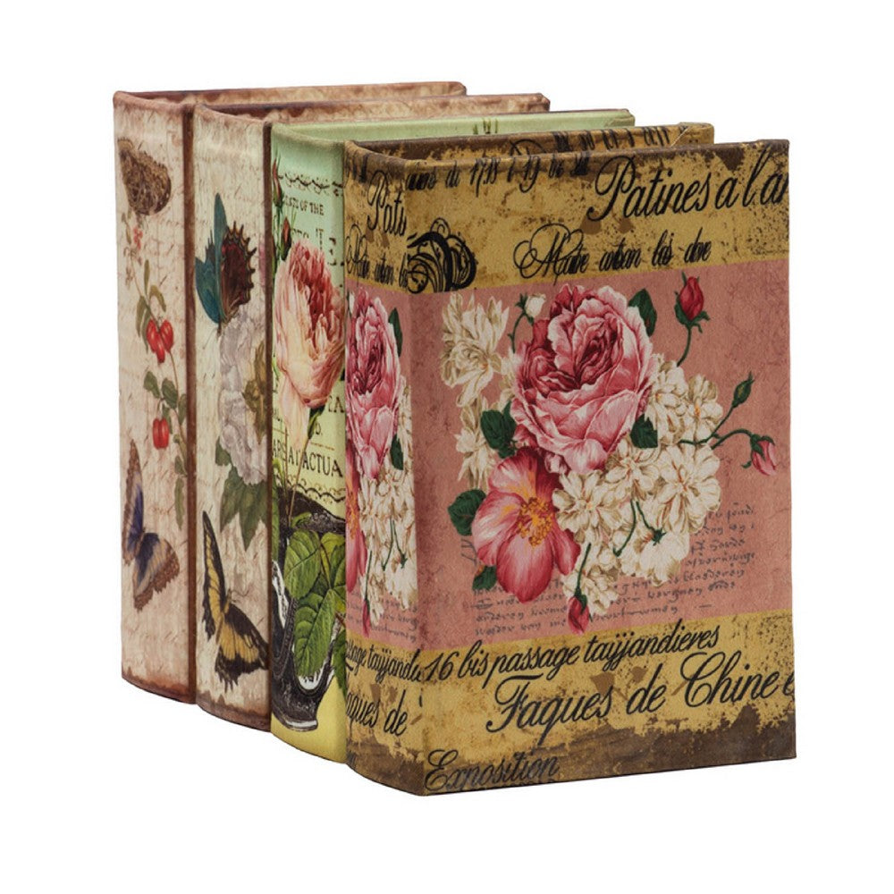 Meer Faux Book Storage Box Set of 4 | Vintage Flowers Butterflies Pink Silk