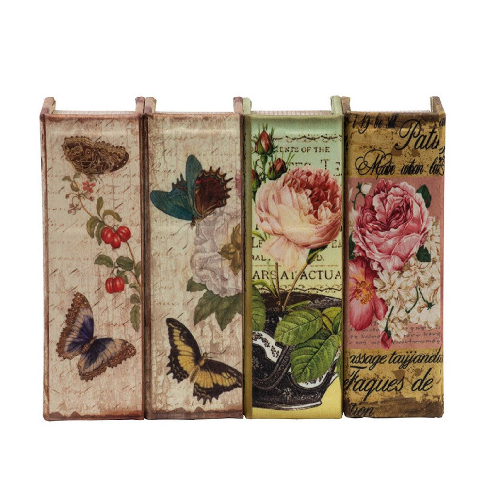 Meer Faux Book Storage Box Set of 4 | Vintage Flowers Butterflies Pink Silk