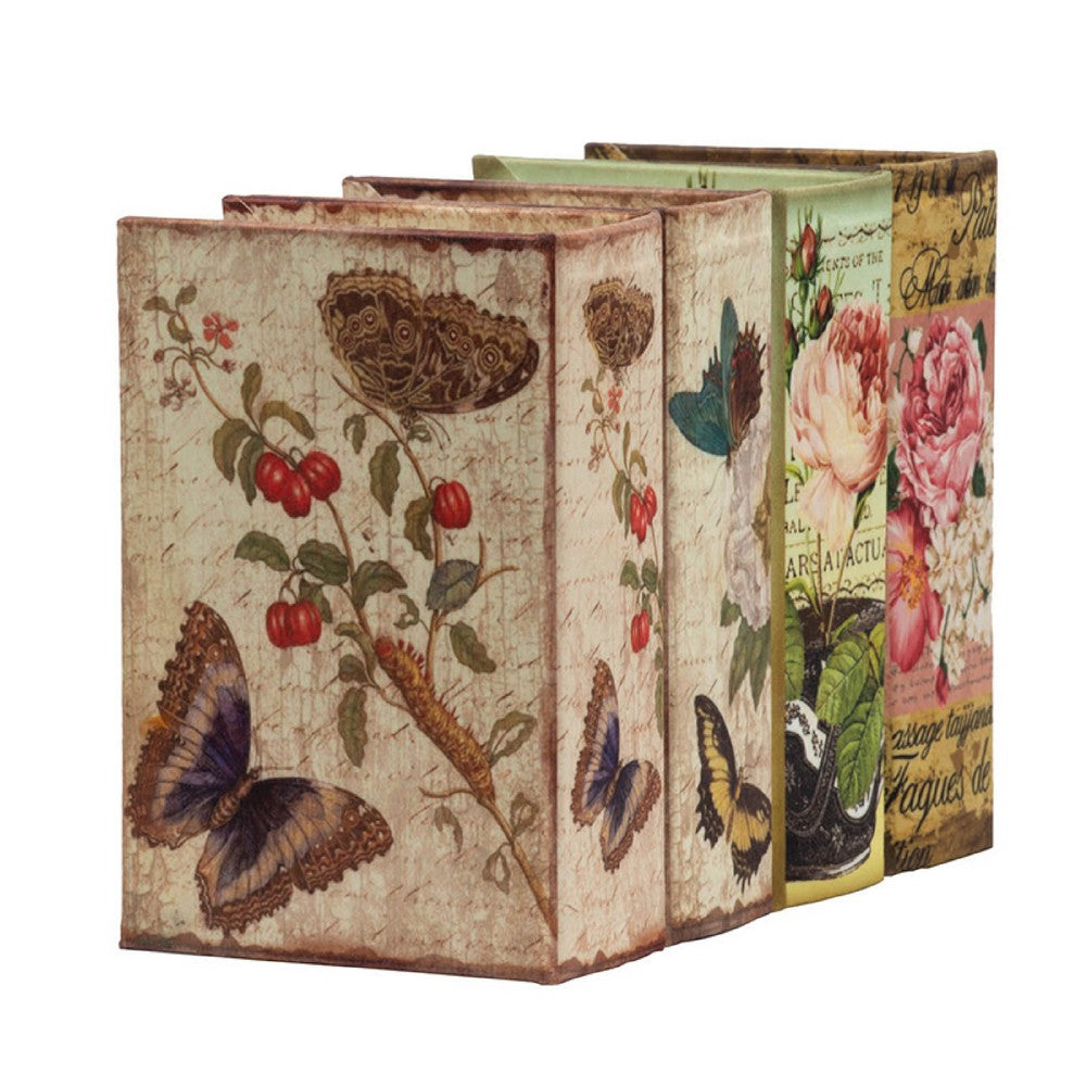 Meer Faux Book Storage Box Set of 4 | Vintage Flowers Butterflies Pink Silk