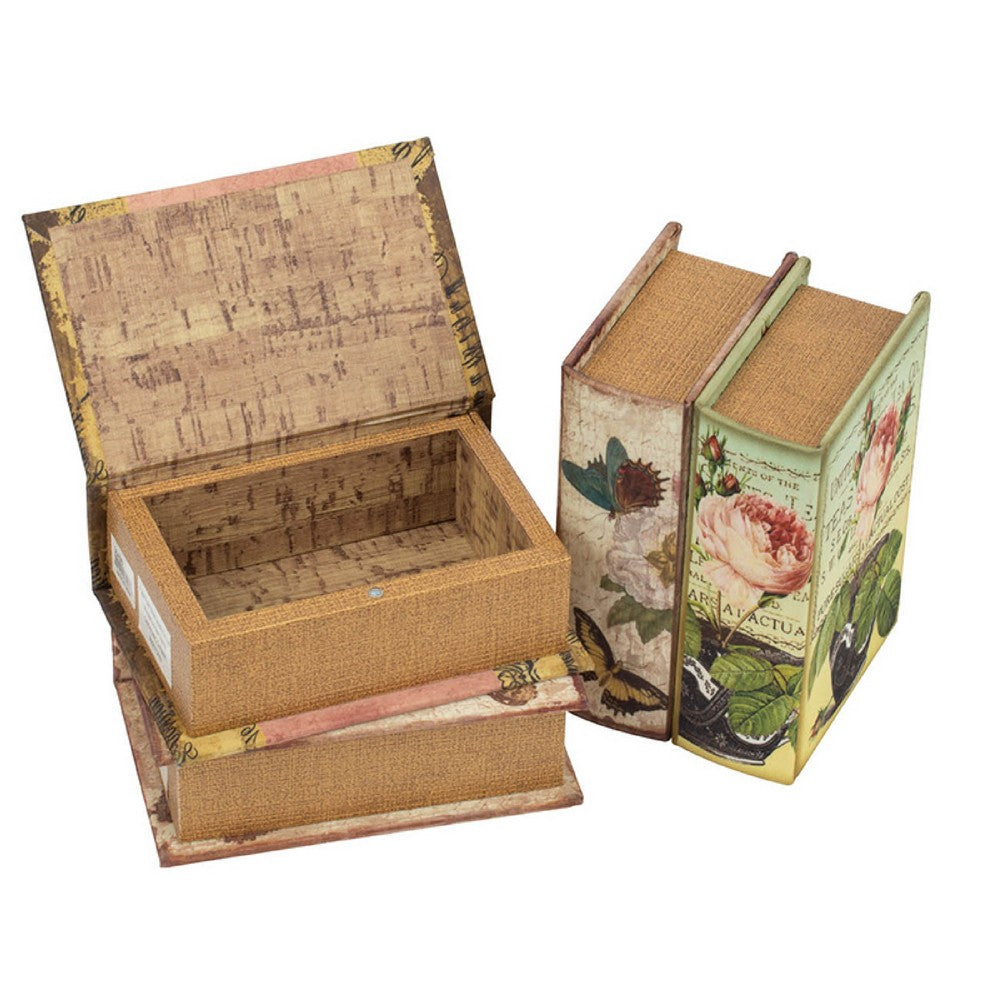 Meer Faux Book Storage Box Set of 4 | Vintage Flowers Butterflies Pink Silk