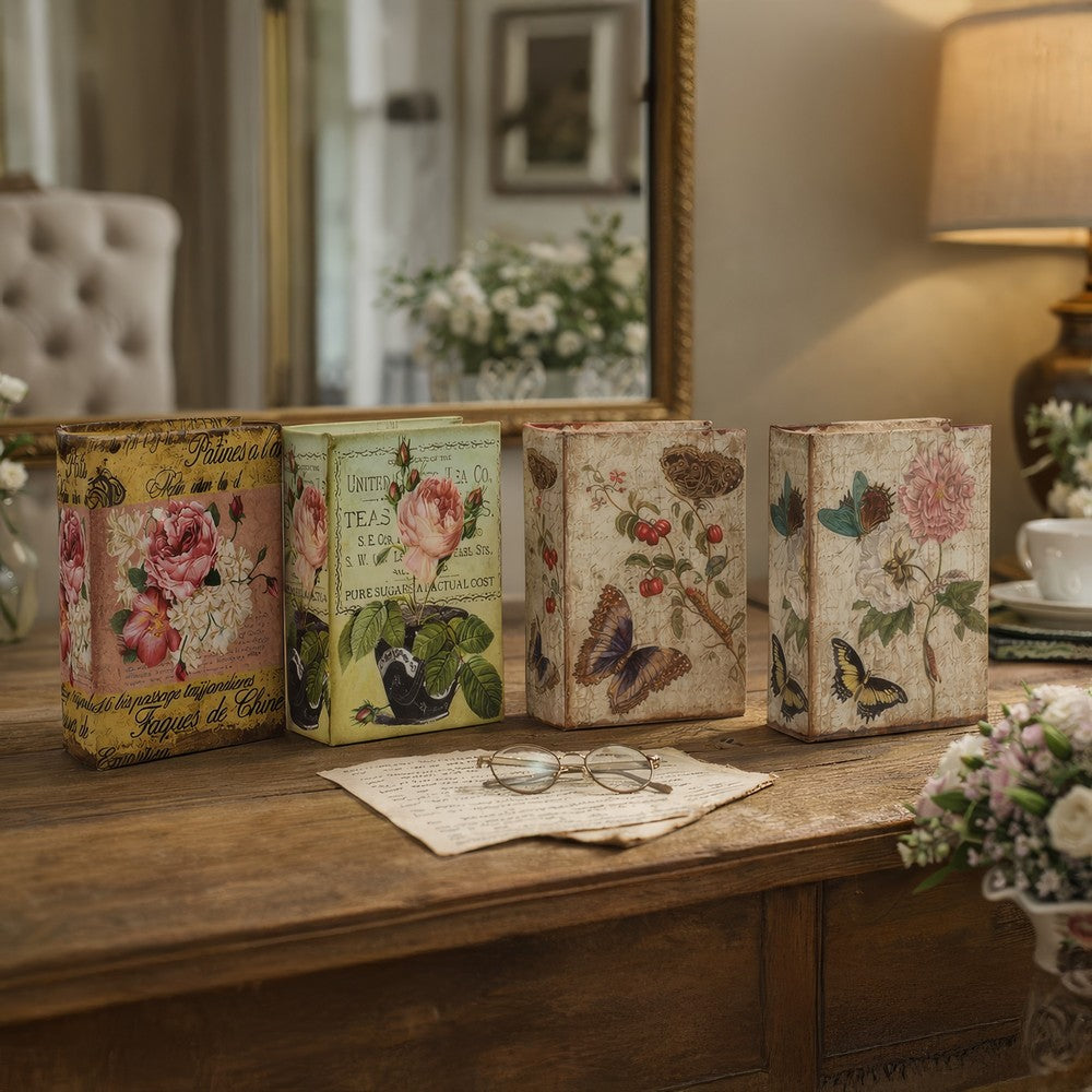 Meer Faux Book Storage Box Set of 4 | Vintage Flowers Butterflies Pink Silk