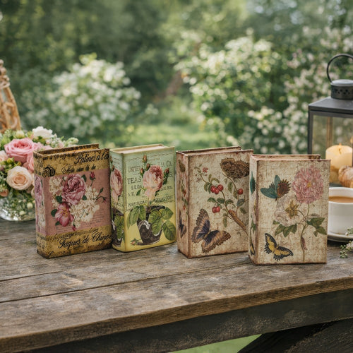 Meer Faux Book Storage Box Set of 4 | Vintage Flowers Butterflies Pink Silk