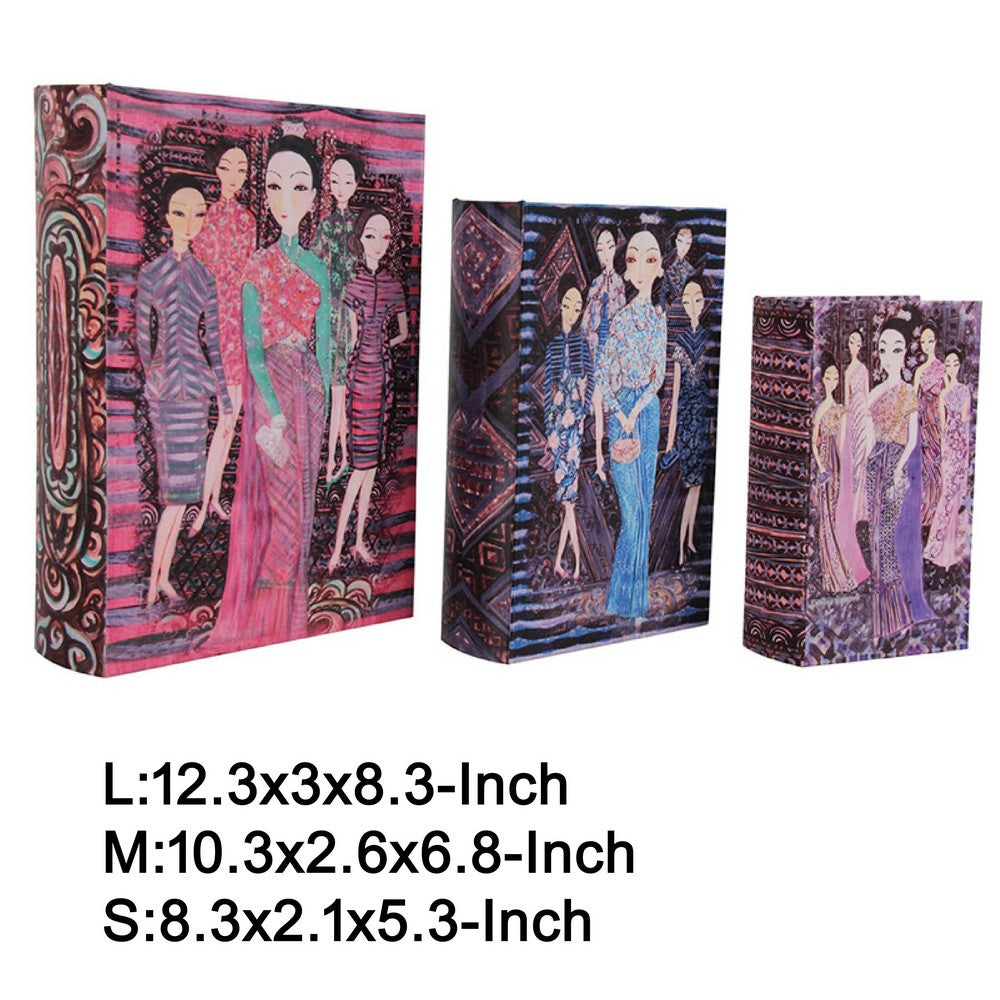 Meer Faux Book Storage Box Set of 3 | Pink Black Fashion Illustrations Silk