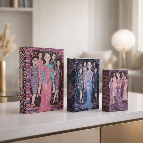 Meer Faux Book Storage Box Set of 3 | Pink Black Fashion Illustrations Silk