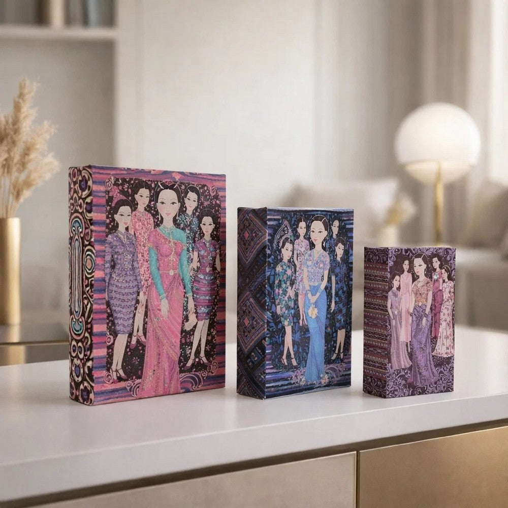 Meer Faux Book Storage Box Set of 3 | Pink Black Fashion Illustrations Silk