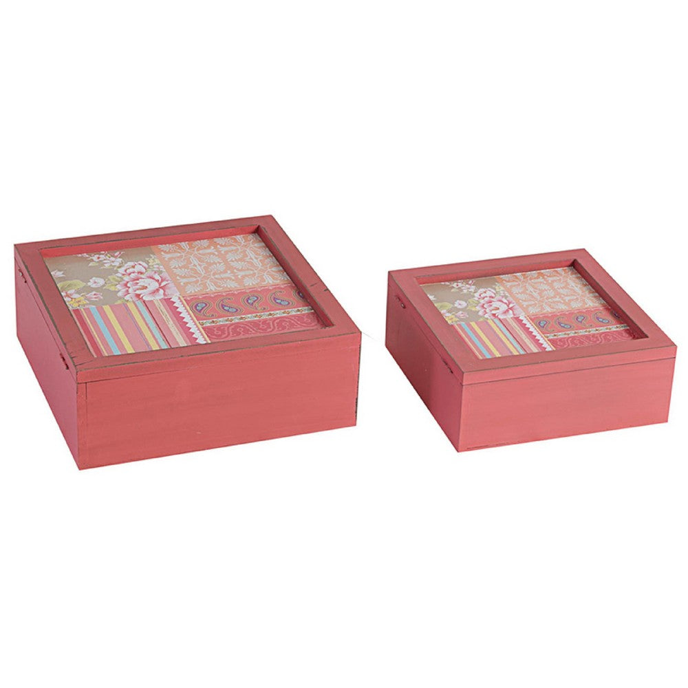 Decorative Storage Box Set of 2 | Clear Top Square Pink Finish | Iron