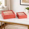 Decorative Storage Box Set of 2 | Clear Top Square Pink Finish | Iron