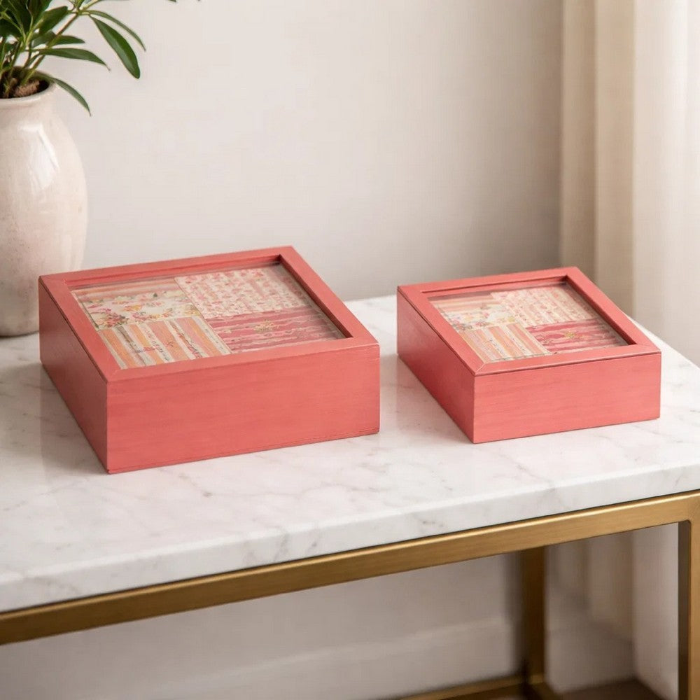 Decorative Storage Box Set of 2 | Clear Top Square Pink Finish | Iron
