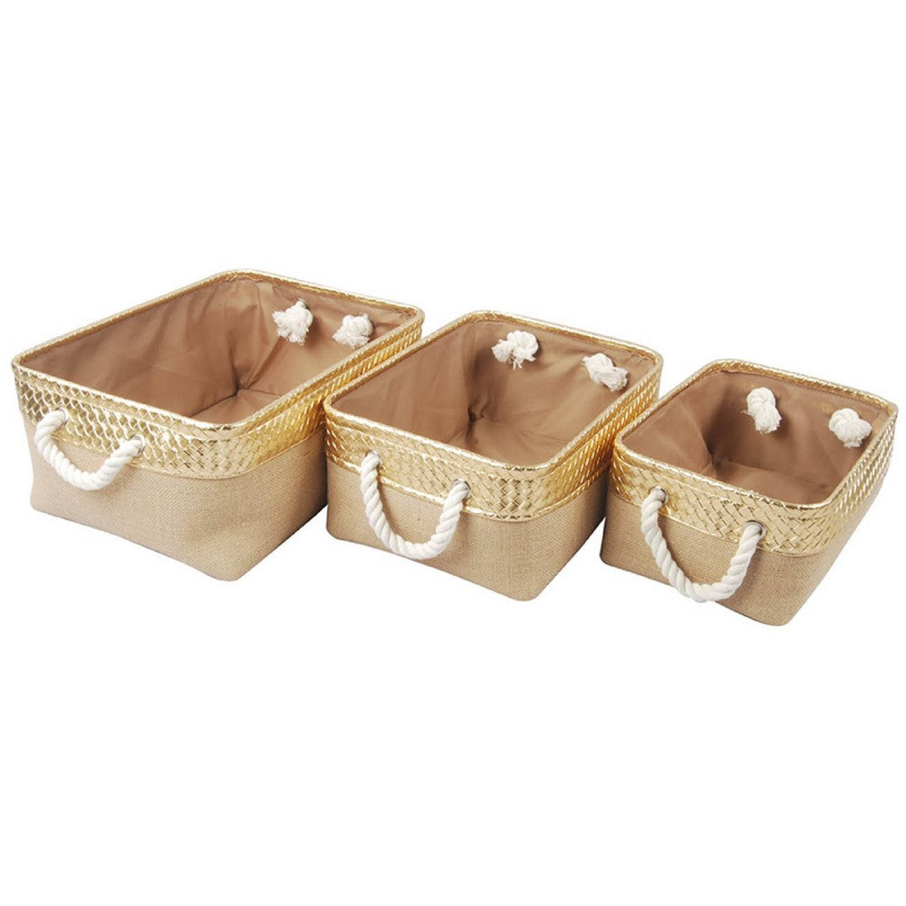 Nesting Basket Set of 3 | Rope Handles | Gold Accents | Brown Jute Fabric