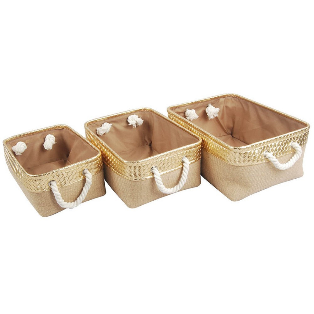 Nesting Basket Set of 3 | Rope Handles | Gold Accents | Brown Jute Fabric