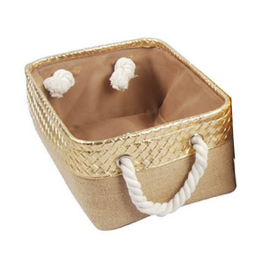 Nesting Basket Set of 3 | Rope Handles | Gold Accents | Brown Jute Fabric