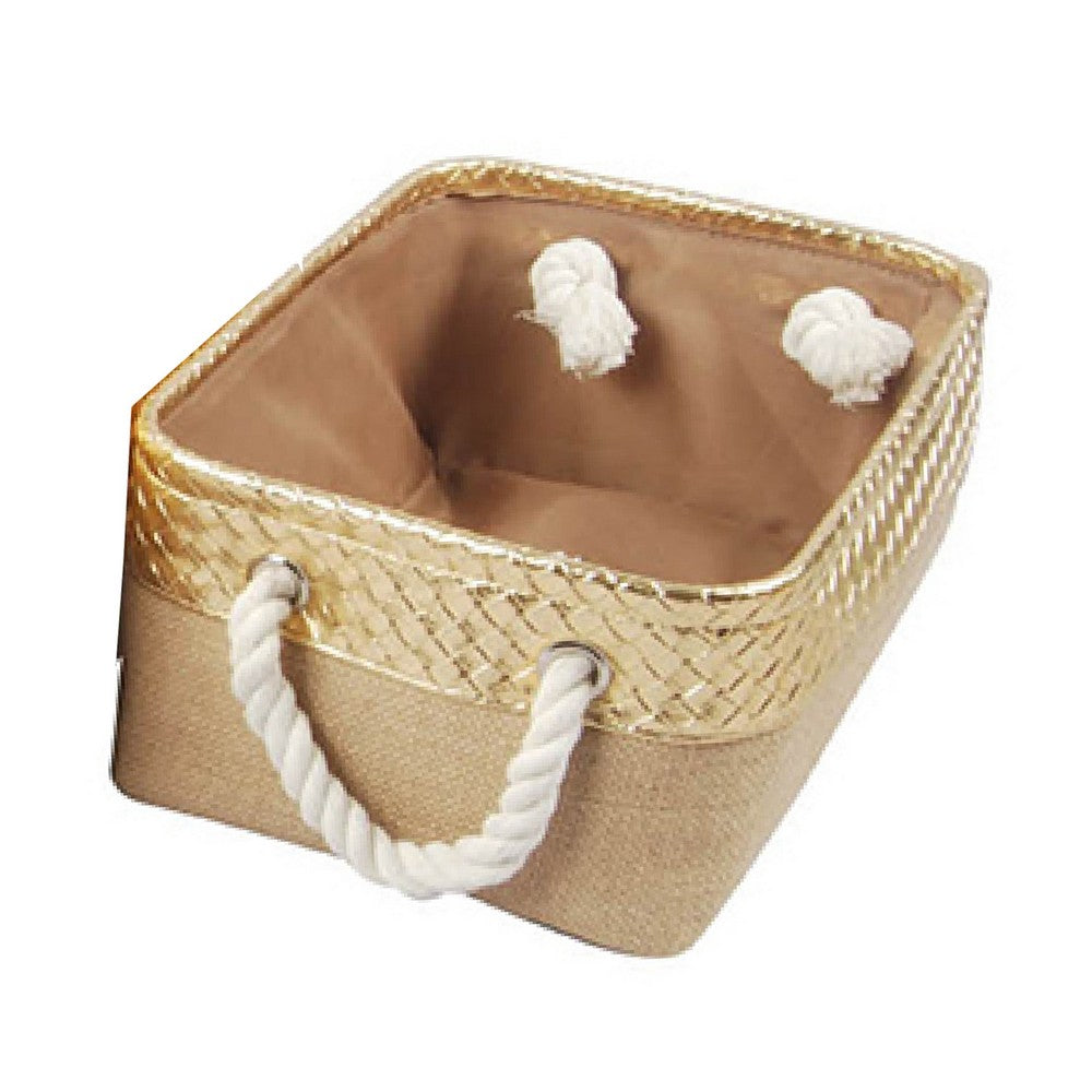 Nesting Basket Set of 3 | Rope Handles | Gold Accents | Brown Jute Fabric