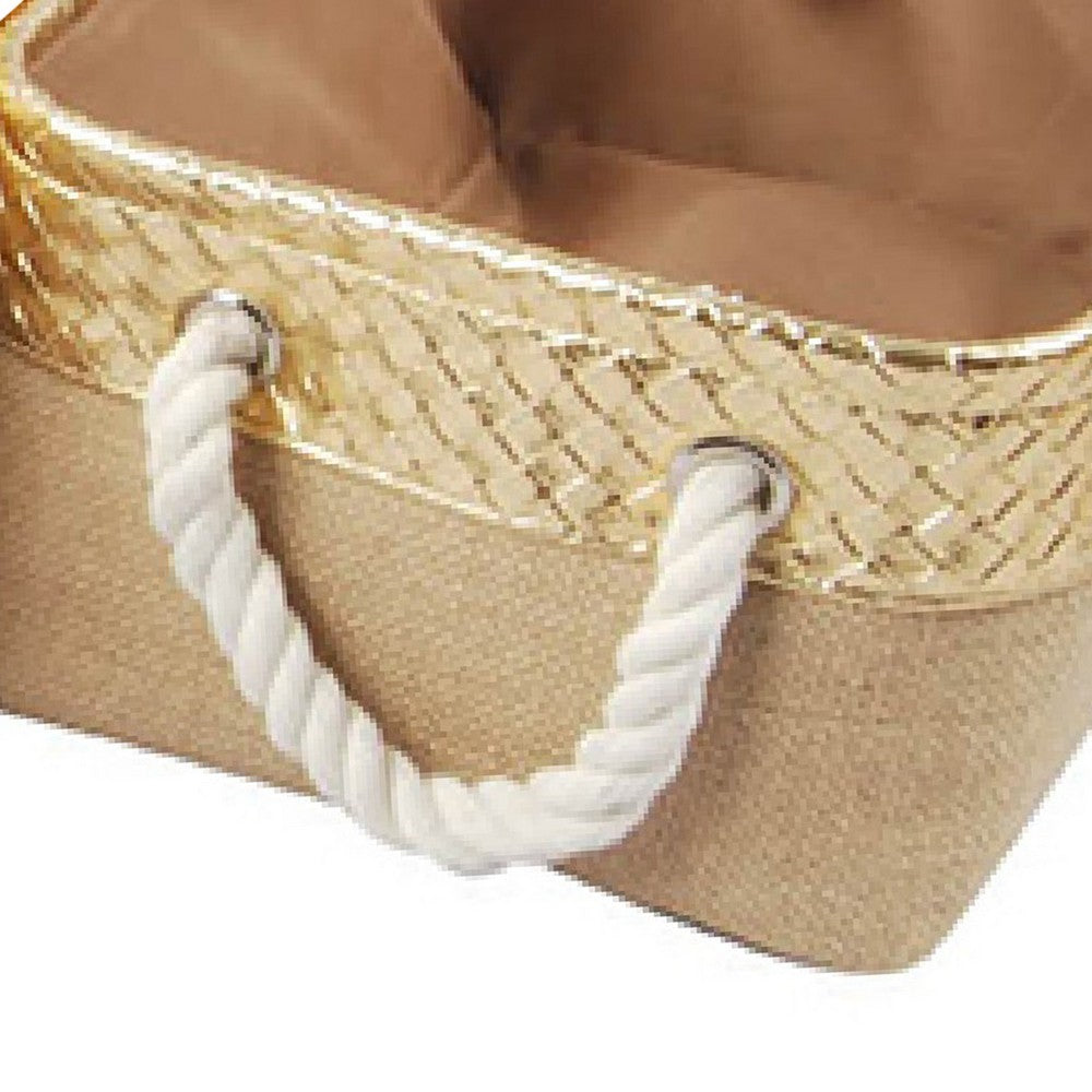 Nesting Basket Set of 3 | Rope Handles | Gold Accents | Brown Jute Fabric