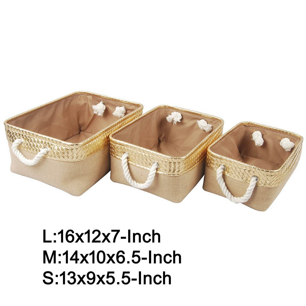 Nesting Basket Set of 3 | Rope Handles | Gold Accents | Brown Jute Fabric