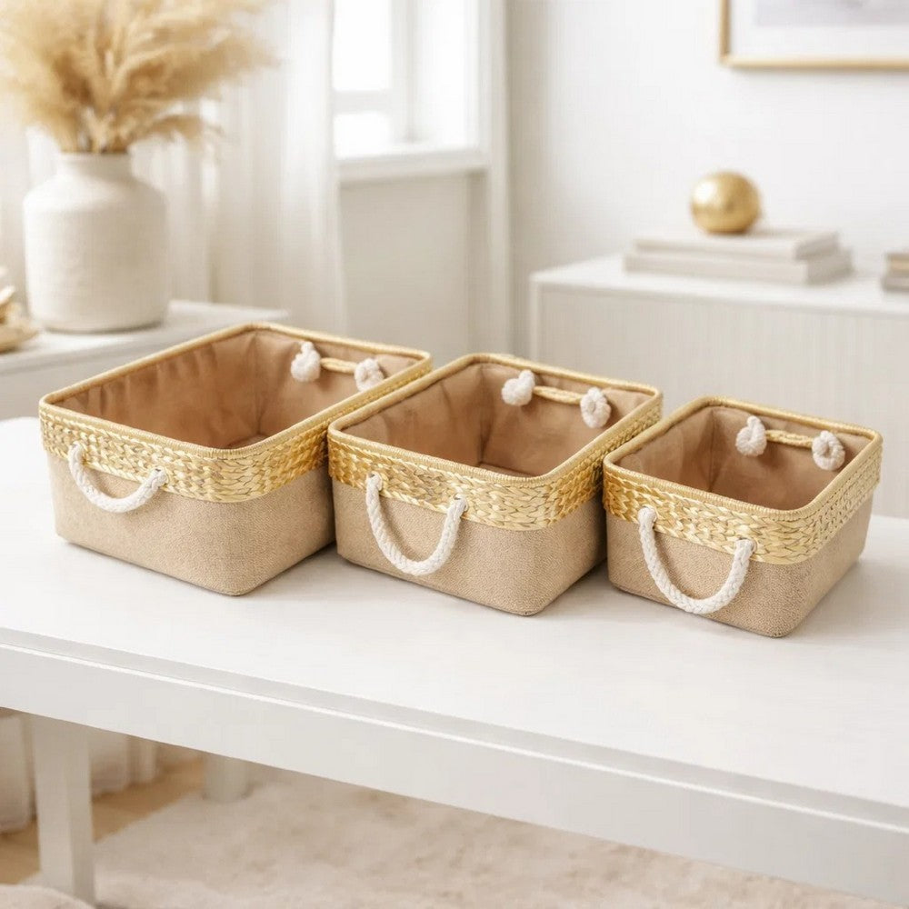 Nesting Basket Set of 3 | Rope Handles | Gold Accents | Brown Jute Fabric