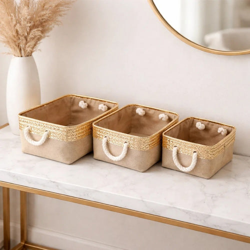 Nesting Basket Set of 3 | Rope Handles | Gold Accents | Brown Jute Fabric